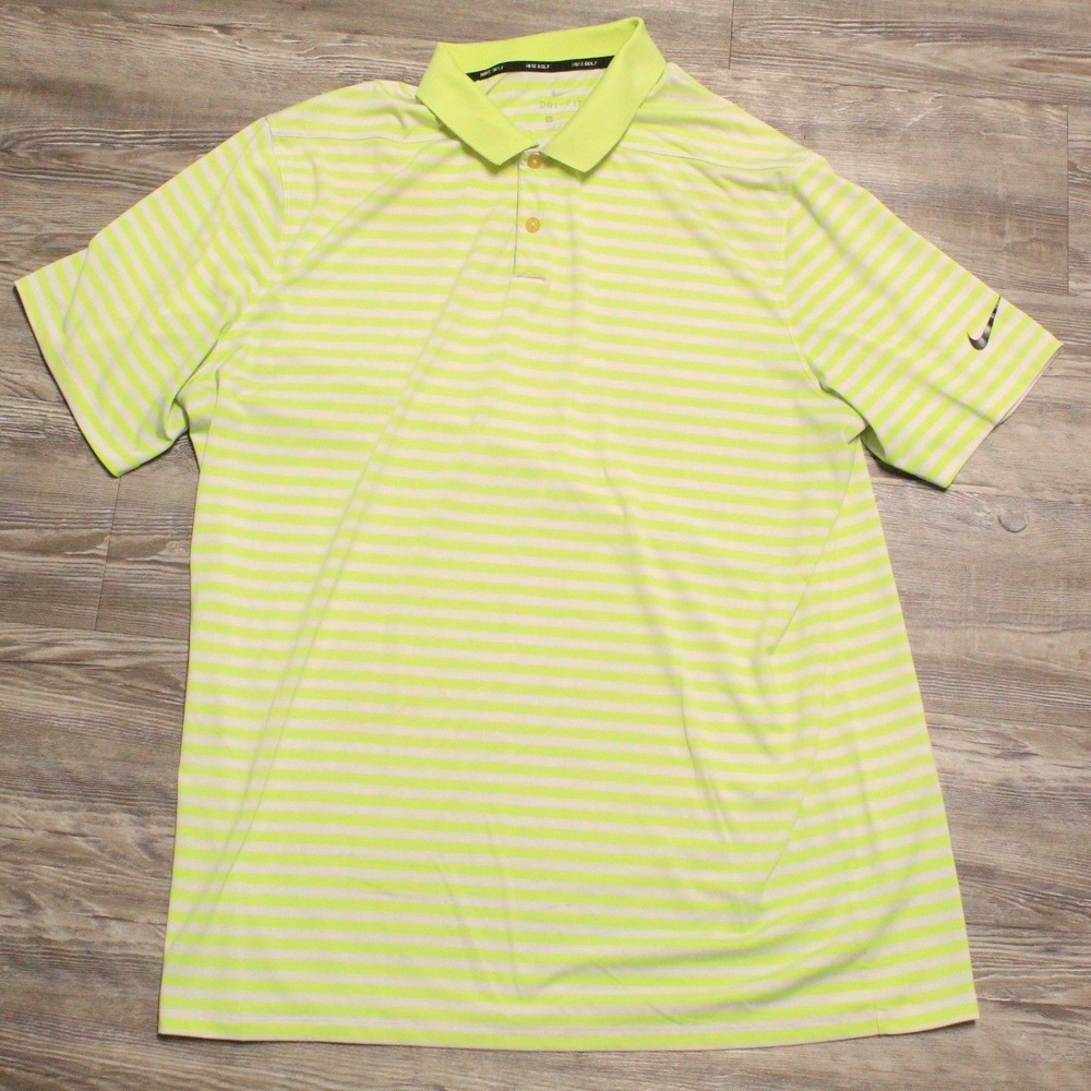 Nike Golf Dri-FIT Polo Shirt Mens XL Neon Lime Green White Striped Short Sleeve